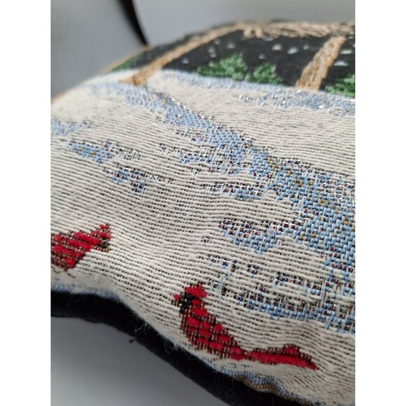 Vintage Christmas Tapestry Throw Pillow With Forest Scene & Cardinal Design - Picture 2 of 7